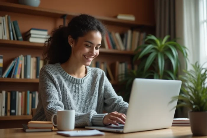 Jeune femme accédant à sa classe en ligne depuis un bureau à domicile sur un ordinateur portable