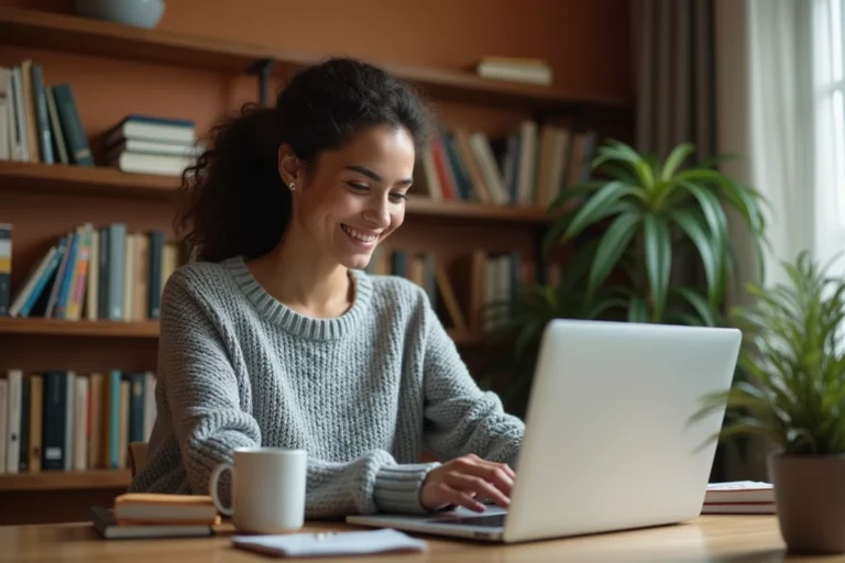 Jeune femme accédant à sa classe en ligne depuis un bureau à domicile sur un ordinateur portable