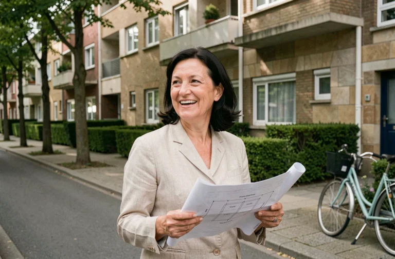 Femme souriante tenant des plans devant un immeuble résidentiel du quartier Dervallières à Nantes