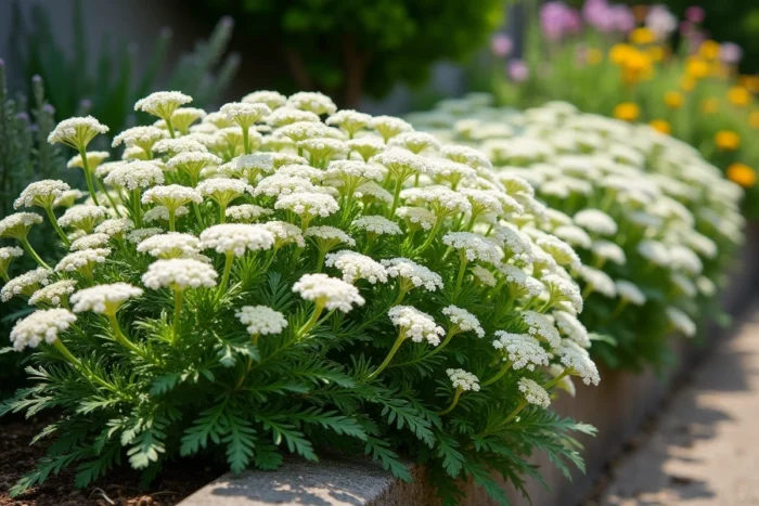 Patch d'achillée millefeuille (Achillea millefolium) en pleine floraison avec ses corymbes de petites fleurs blanches crème au-dessus d'un feuillage finement découpé vert foncé