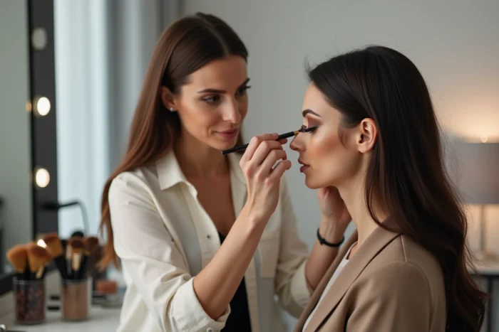 Maquilleuse adaptant la pose du fard à la forme de paupière tombante de sa cliente