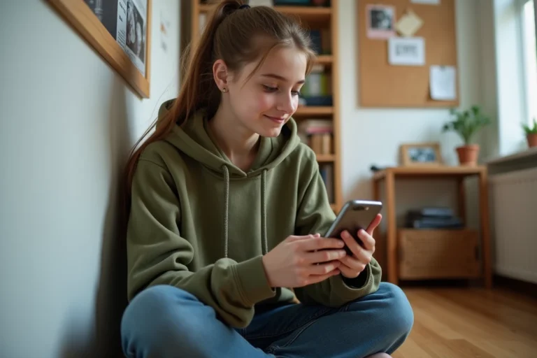 Jeune adolescente consultant l'actualité en ligne sur son smartphone dans sa chambre