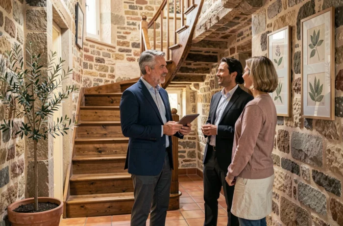 Agent immobilier présentant une maison de ville rénovée avec cachet architectural à des acheteurs potentiels dans un hall d'entrée en pierre apparente
