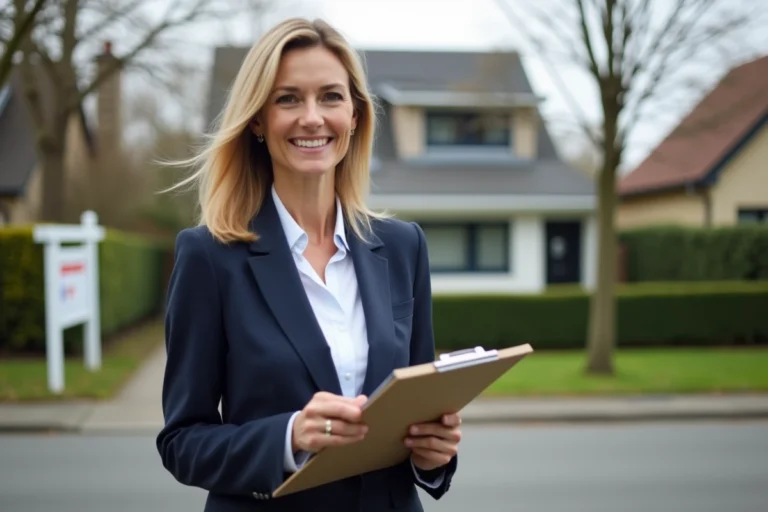 Agent immobilière professionnelle devant une maison à vendre dans un quartier résidentiel calme