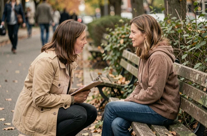 Travailleuse sociale en discussion bienveillante avec une femme en difficulté sur un banc de parc, symbolisant l'aide aux personnes sans-abri comme Loni Willison