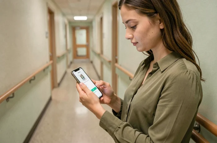 Jeune aide-soignante utilisant l'application Netsoins sur smartphone dans le couloir d'un établissement d'hébergement pour personnes âgées