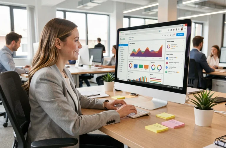 Une professionnelle travaille sur sa stratégie de visibilité en ligne depuis un bureau moderne équipé d'un grand écran affichant des tableaux de bord analytiques