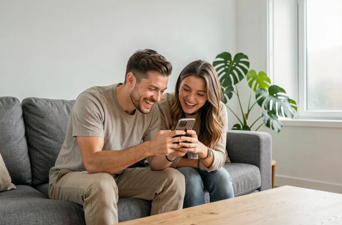 Deux amis assis dans un salon regardant ensemble comment envoyer une photo éphémère sur Snapchat