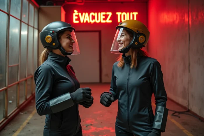 Deux amis riant après une session de défouloir dans une fury room à Lyon