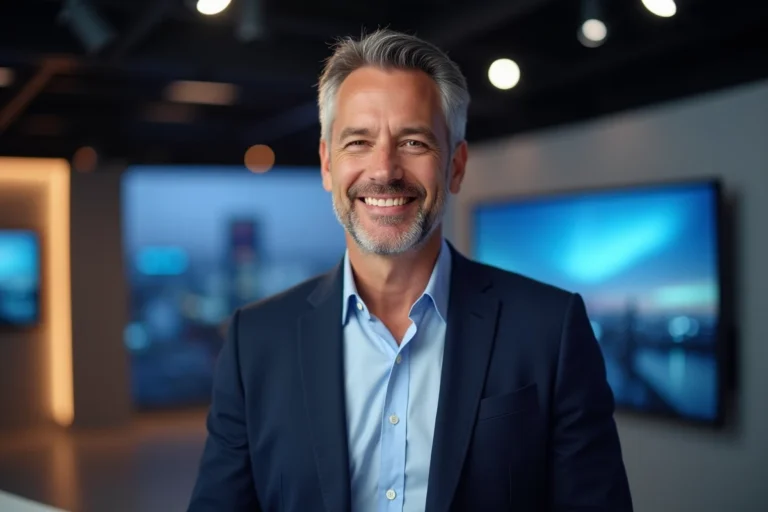 Animateur de télévision français souriant dans un studio de tournage moderne, habillé d'un blazer marine