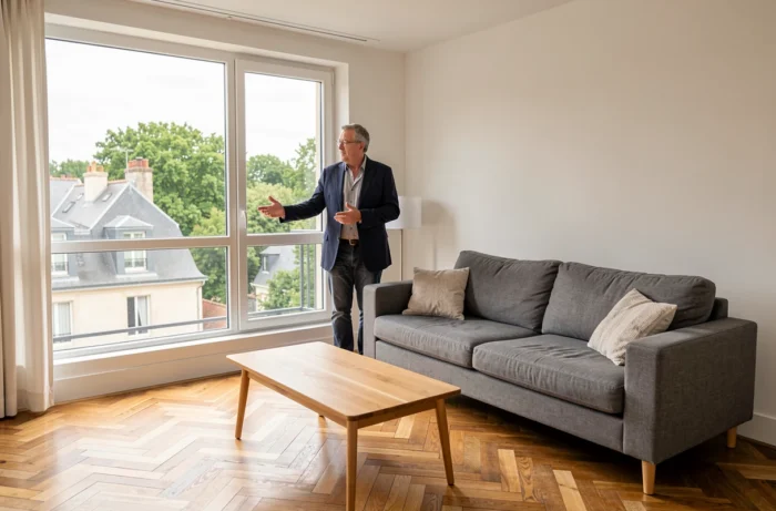 Agent immobilier présentant un appartement rénové avec vue sur les toits du quartier Dervallières à Nantes