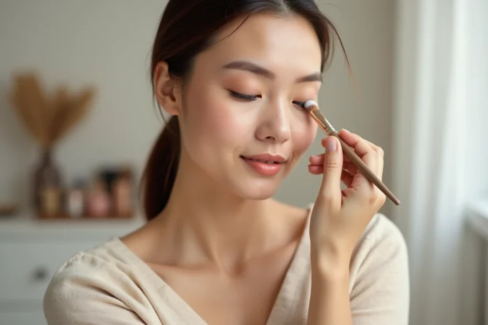 Femme appliquant une base à paupières beige sur sa paupière avec un pinceau plat avant le fard