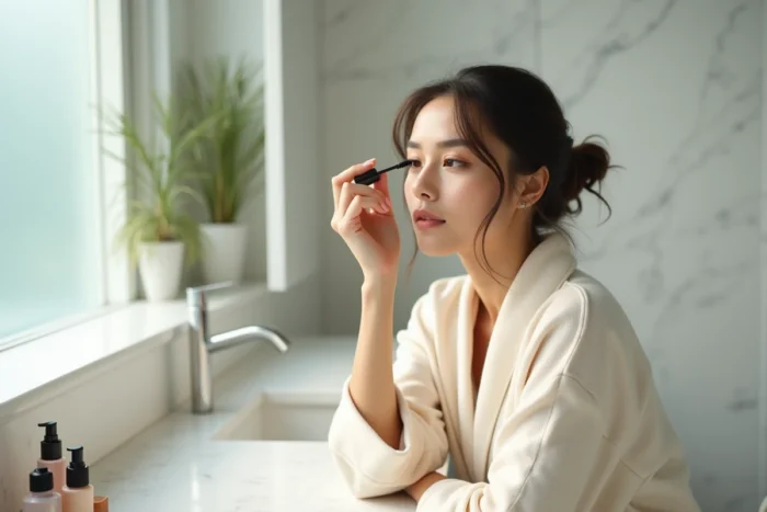 Femme appliquant du mascara devant un miroir de coiffeuse en marbre blanc dans une salle de bain moderne