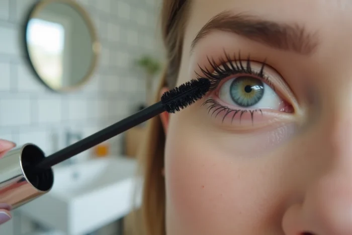 Femme appliquant le mascara en zigzag depuis la racine des cils avec une baguette de mascara noir