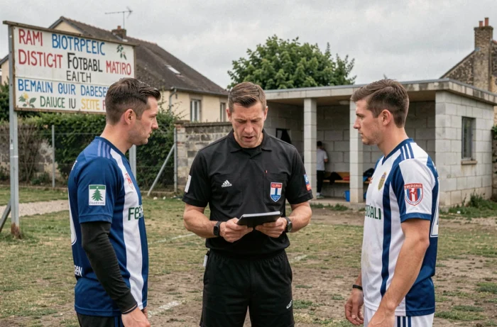 Arbitre et capitaines d'équipes discutant avant un match de football en district Haute-Saône, saison 2026