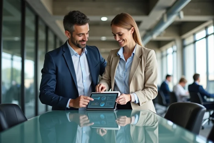 Deux associés analysant des solutions de financement auprès de prêteurs privés dans un espace de coworking