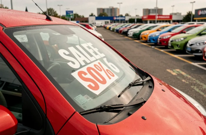 Autocollant de promotion en pourcentage sur le pare-brise d'une voiture rouge dans un parking de concessionnaire