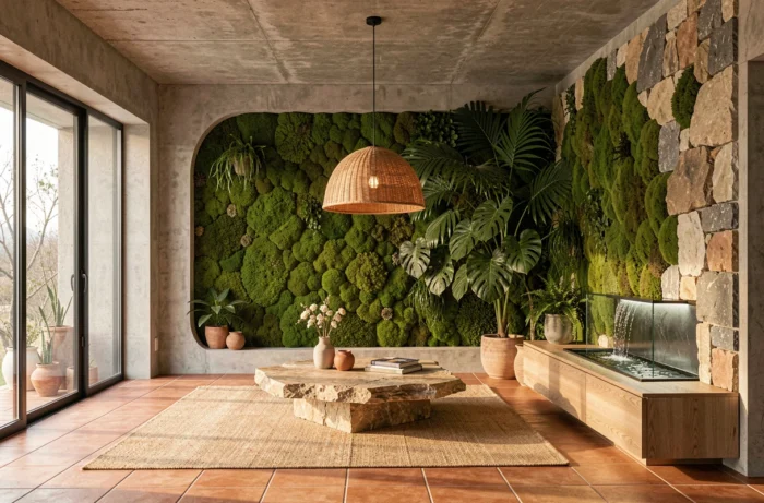 Design biophilique avec panneau de mousse murale, table en pierre brute et fontaine intérieure dans un salon contemporain