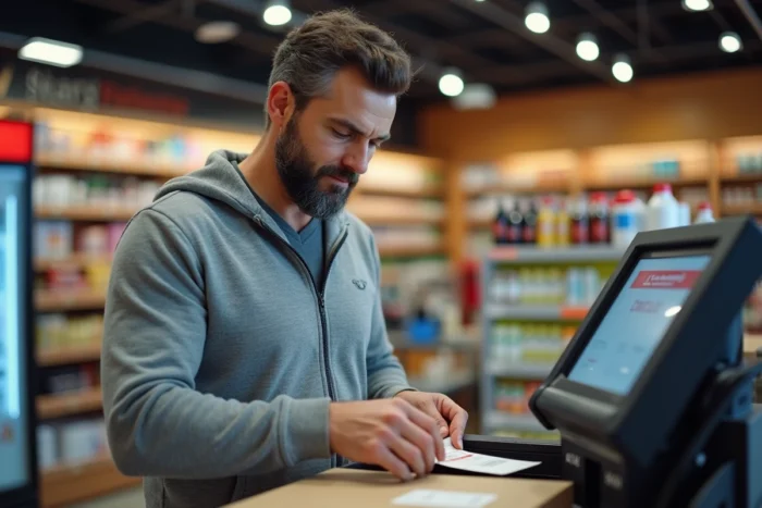 Homme utilisant une borne automatique pour déposer un colis Chronopost en point relais