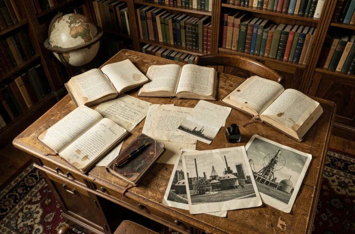 Bureau d'étude vintage des années 1940 avec livres scientifiques, carnets manuscrits et photographies d'archives évoquant l'univers intellectuel d'Oppenheimer