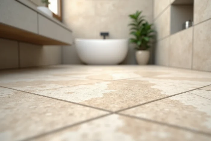 Gros plan sur un carrelage en travertin naturel avec texture poreuse caractéristique dans une salle de bain contemporaine minimaliste