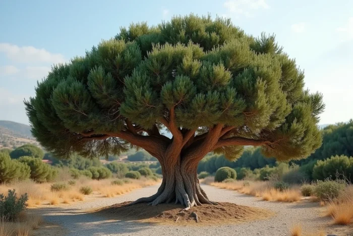 Chêne vert (Quercus ilex) mature avec son dense feuillage persistant vert sombre et son écorce profondément fissurée gris-brun dans un paysage méditerranéen aride