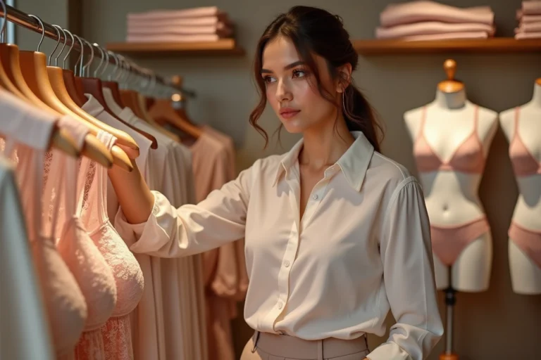 Femme élégante qui choisit de la lingerie dans une boutique raffinée, parcourant des soutiens-gorge en dentelle et des chemises en soie aux tons ivoire et rose poudré