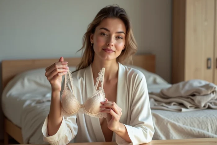 Femme en robe de chambre examinant attentivement un soutien-gorge en dentelle dans une chambre moderne et épurée, conseils pour bien choisir sa lingerie