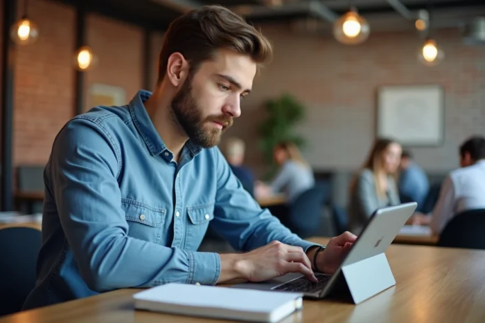 Homme consultant sa classe virtuelle sur une tablette dans un espace de coworking moderne