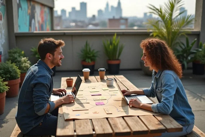 Deux jeunes adultes collaborant sur une carte mentale en papier kraft dans un jardin urbain sur un toit, entourés de post-it et d'ordinateurs portables