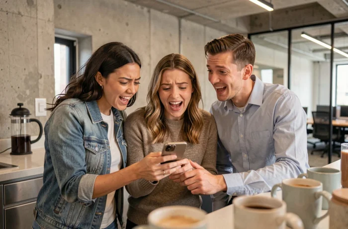 Groupe de collègues réagissant avec étonnement et rires à une actualité insolite sur un smartphone dans une salle de pause moderne