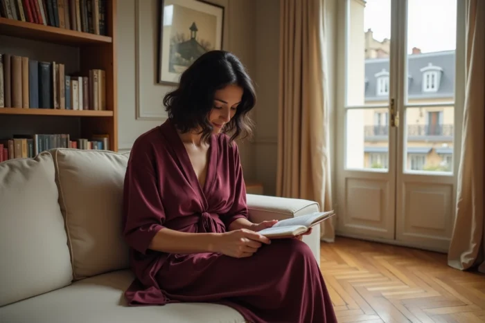 Comédienne lisant un script dans un appartement parisien chaleureux avec parquet en chevrons