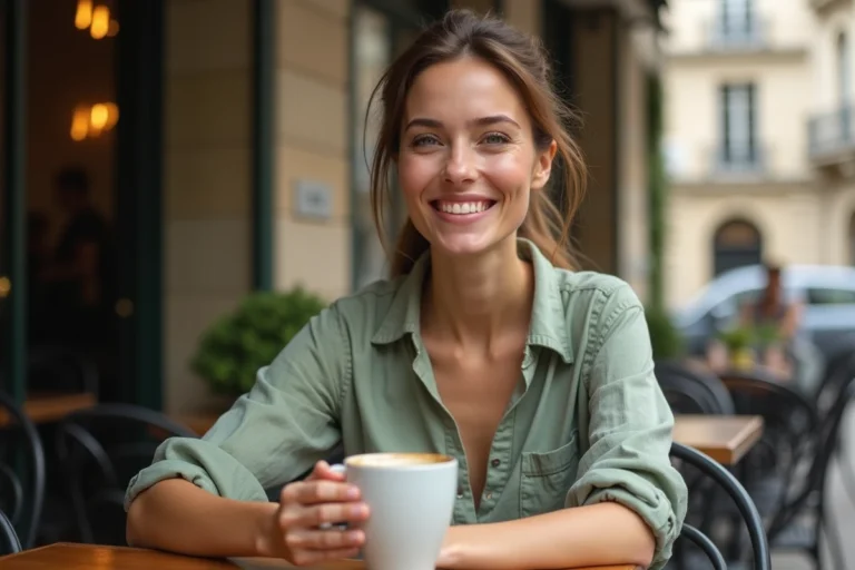 Femme comédienne souriante attablée dans un café parisien, atmosphère naturelle et authentique