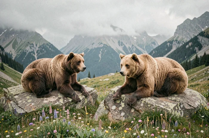Comparaison entre un grizzly et un ours Kodiak reposant sur des rochers dans un paysage de montagne alpine