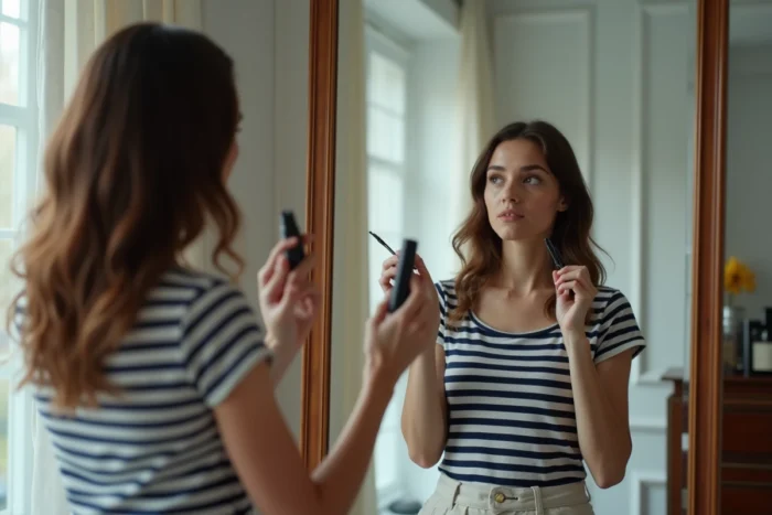 Jeune femme comparant deux mascaras devant un miroir dans une chambre de style parisien