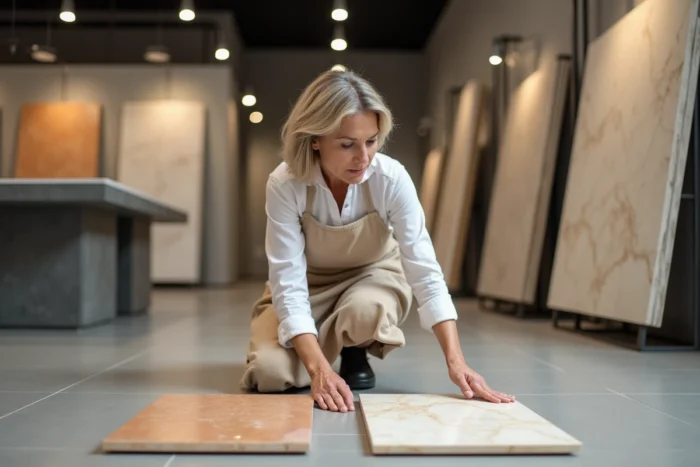 Femme comparant des échantillons de tomettes en terre cuite et de travertin dans un showroom de matériaux de construction pour intérieur
