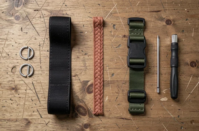 Vue à plat de trois types de sangles pour sac banane sur une table en bois avec accessoires de fixation