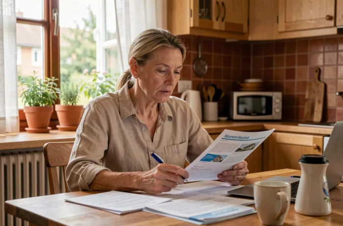 Femme comparant des documents d'assurance habitation à la table de sa cuisine en France