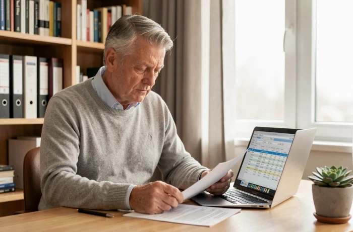 Comptable consolideur senior travaillant depuis son bureau à domicile sur des états financiers de groupe