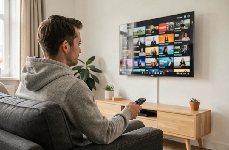 Homme configurant l'IPTV sur un téléviseur TCL dans un salon moderne avec interface de chaînes affichée à l'écran