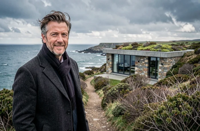 Conseiller immobilier devant une maison passive avec toit végétalisé et bardage en pierre recyclée sur le littoral breton face à l'Atlantique