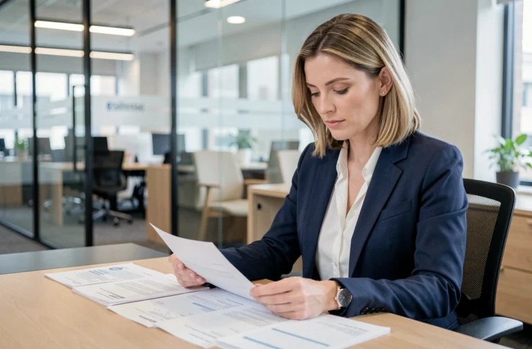 Conseillère bancaire en blazer marine examinant des documents de crédit dans une agence moderne