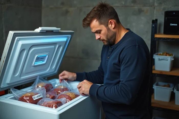 Homme organisant des aliments emballés sous vide dans un congélateur avec la machine Crenova VS100S visible en arrière-plan