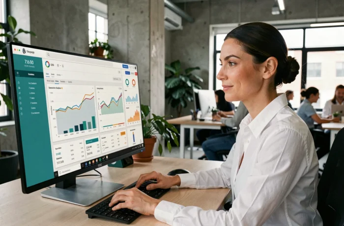Consultante en agence web analysant des statistiques de visibilité en ligne sur un écran d'ordinateur dans un bureau moderne