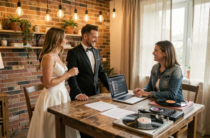 Couple de futurs mariés en consultation avec une DJ pour choisir la musique de leur mariage