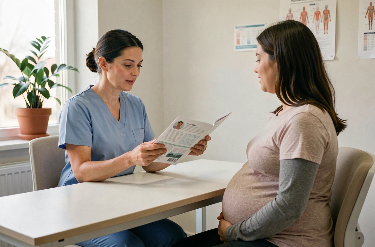 Sage-femme en consultation prénatale expliquant les précautions liées aux parfums musqués à une femme enceinte dans un cabinet médical