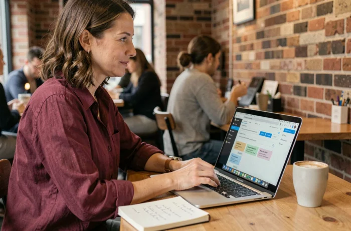 Une femme effectue une recherche de mots-clés ciblant des intentions de recherche précises depuis un café avec un outil spécialisé ouvert sur son ordinateur