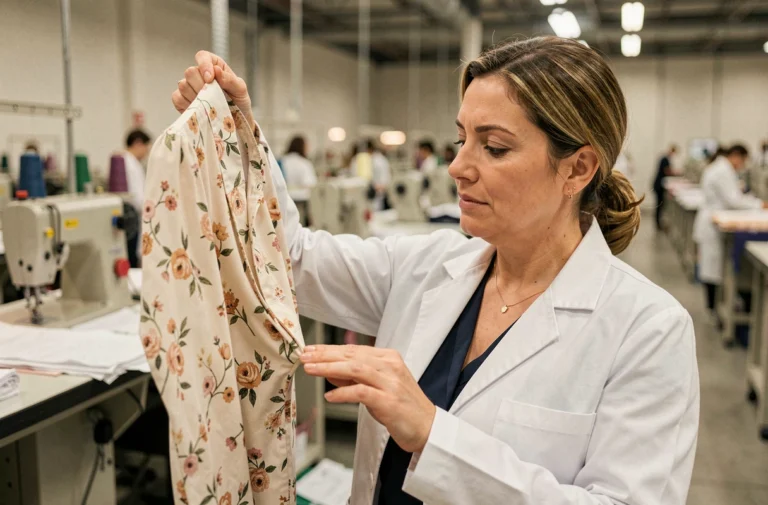 Contrôleuse qualité examinant les coutures d'un vêtement dans une usine de confection textile