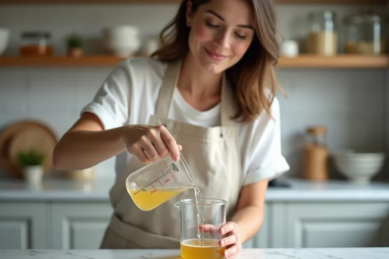 Femme en tablier versant 60 ml de liquide dans un verre doseur gradué en centilitres sur un plan de travail en marbre blanc