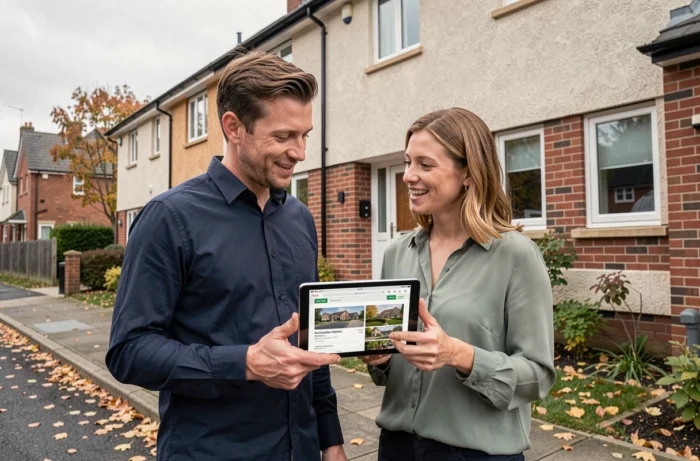 Couple consultant des annonces immobilières sur tablette devant une maison résidentielle en automne